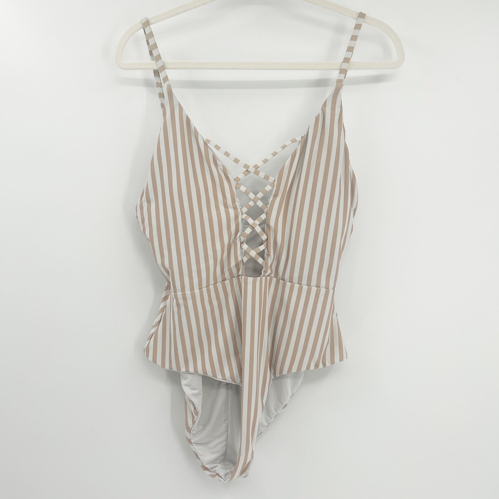 Dippin Daisys Womens Bliss Neutral‎ Striped One Piece Swimsuit Size XL Tan White
